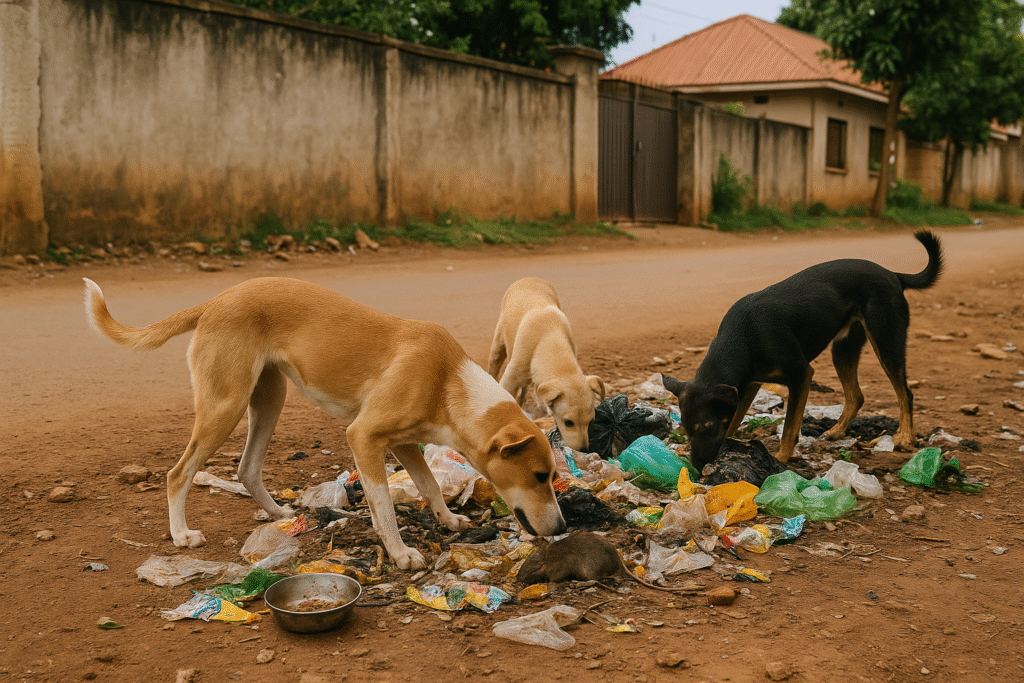 Three local dogs eating from a garbage pile on a Kampala street, illustrating leptospirosis transmission risk in Uganda.