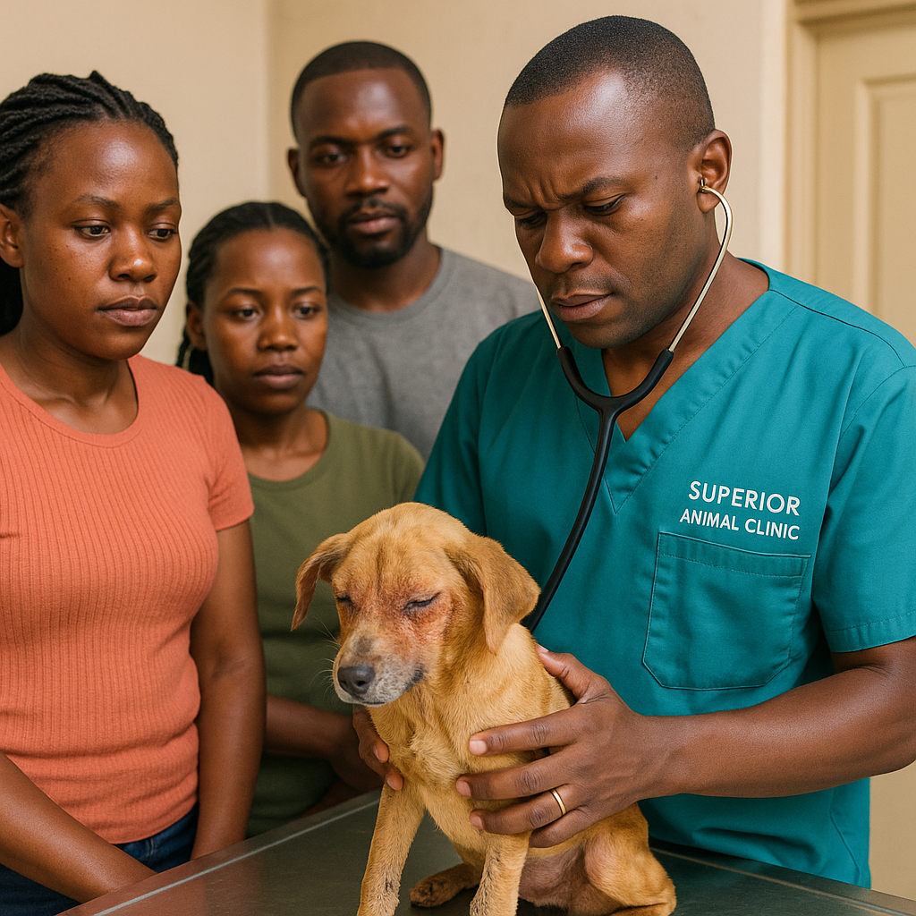 Vet examining dog with canine distemper at Superior Animal Clinic Makindye Kampala