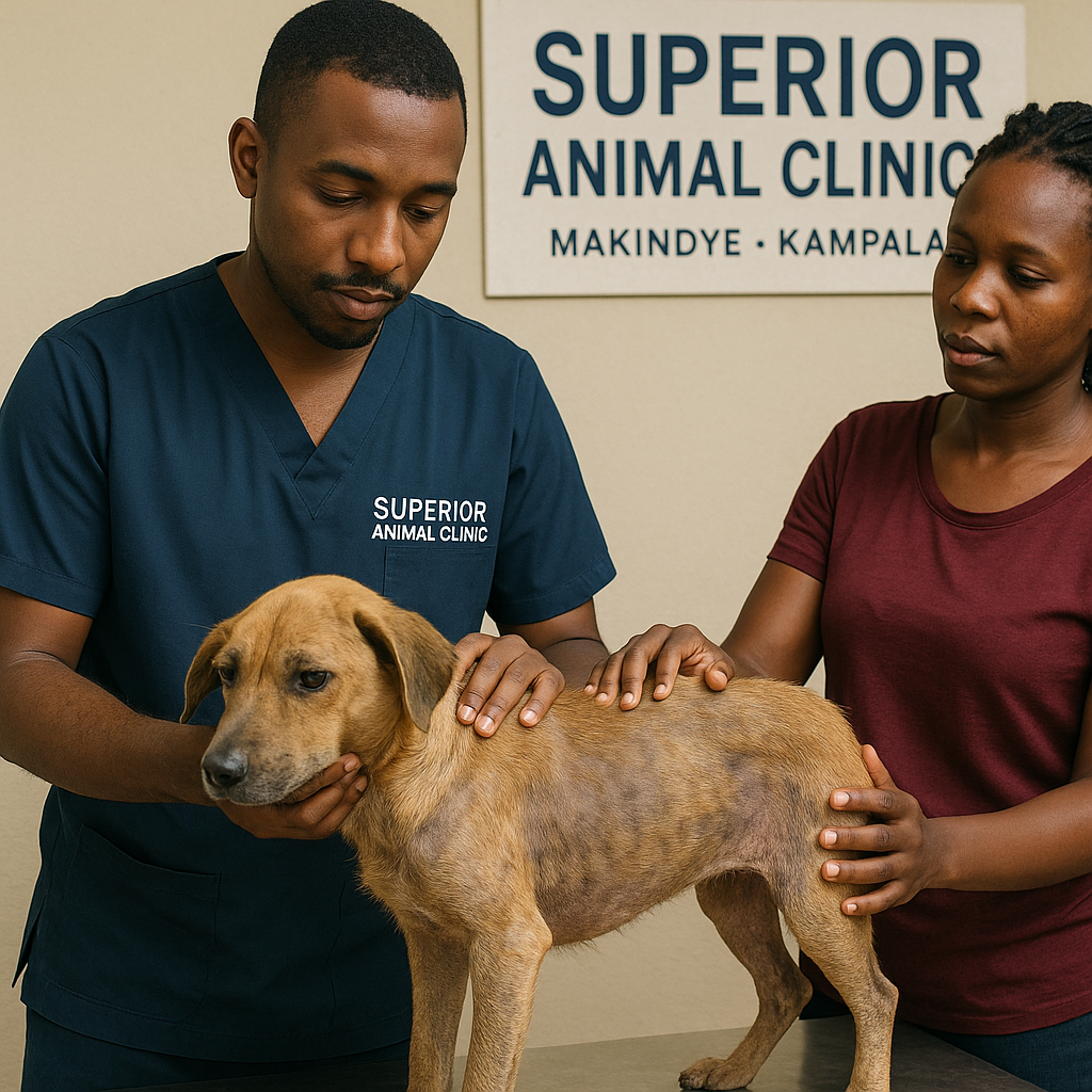 Vet examining dull dog coat for nutritional deficiency at Superior Animal Clinic Uganda