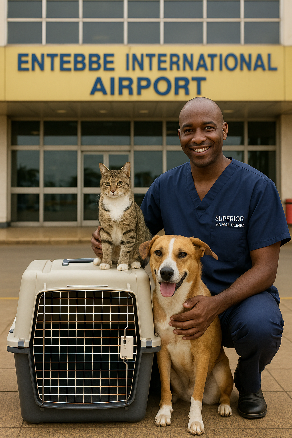 Vet from Superior Animal Clinic Kampala with a dog and cat at Entebbe International Airport beside an IATA crate