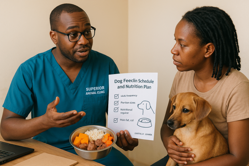Vet in Kampala explaining proper dog feeding schedule and nutrition plan to a pet owner at Superior Animal Clinic