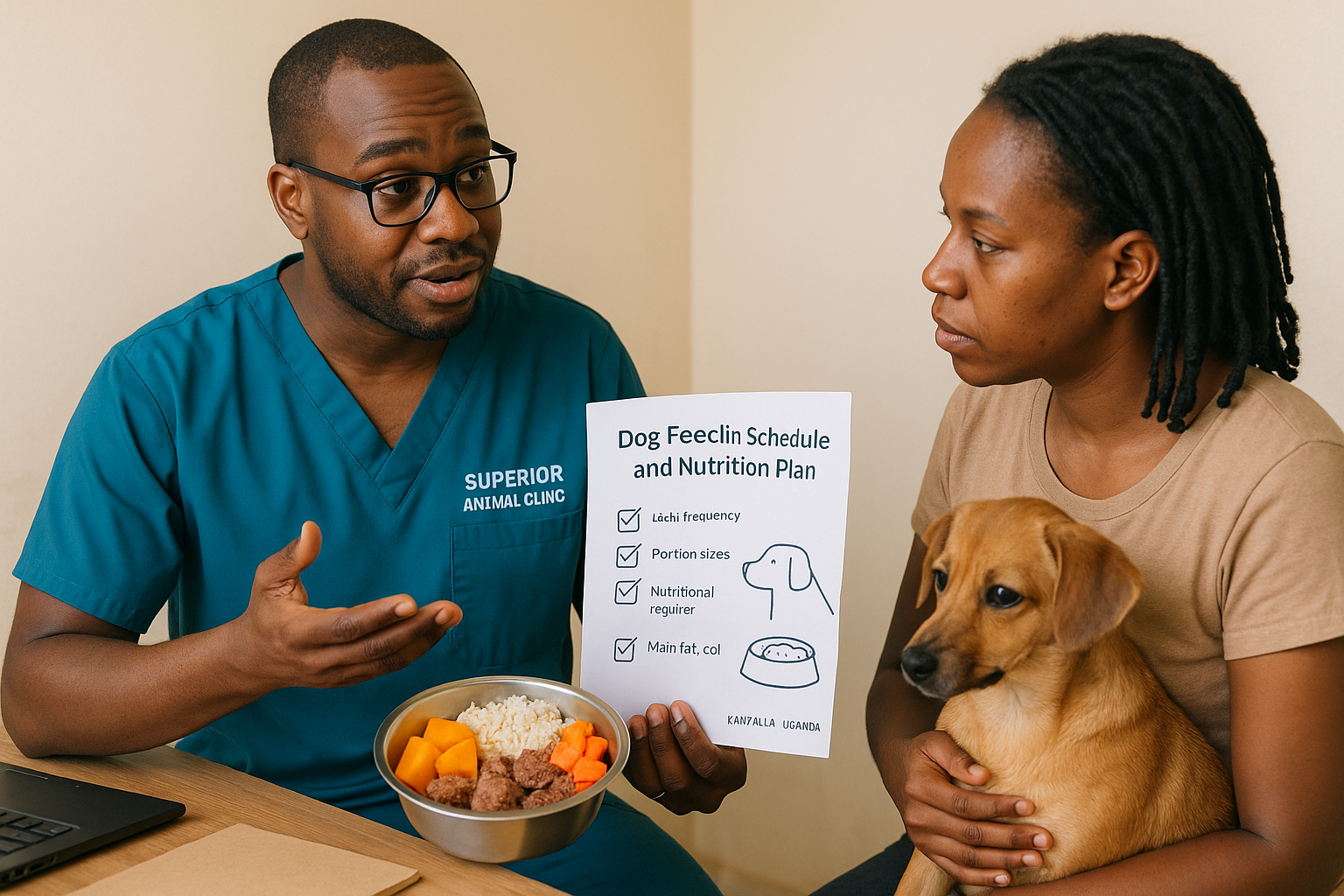 Vet in Kampala explaining proper dog feeding schedule and nutrition plan to a pet owner at Superior Animal Clinic