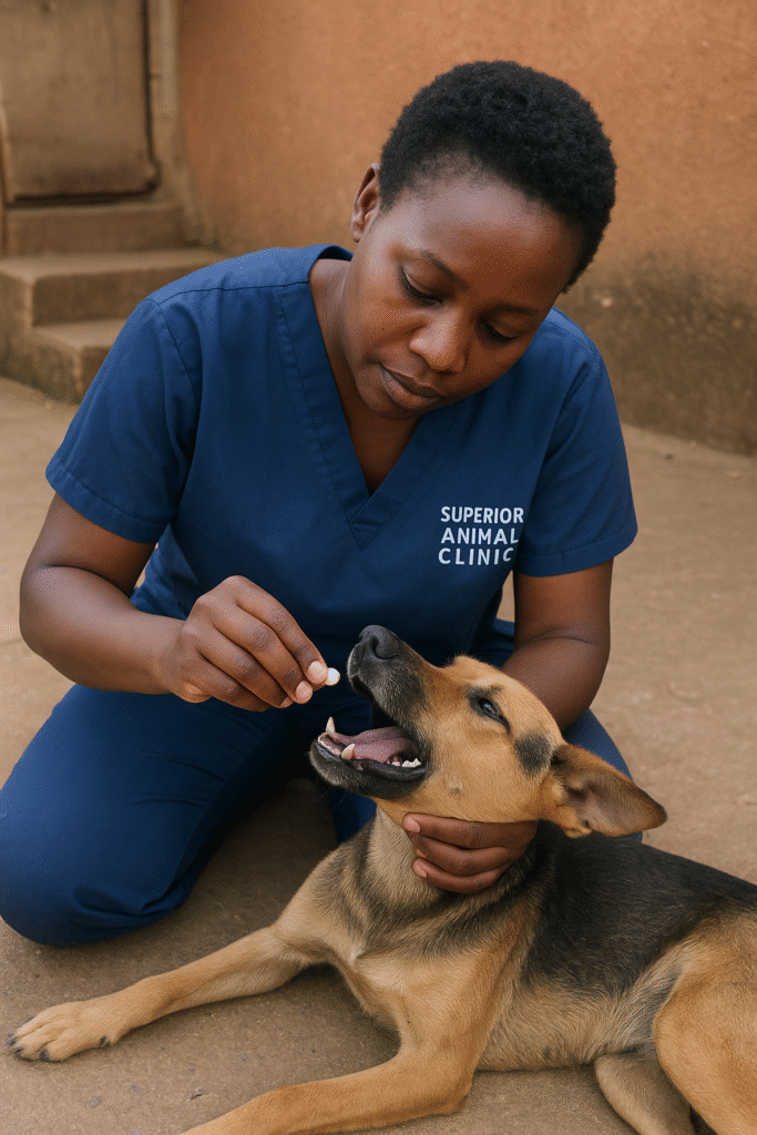 Vet in Kampala wearing a Superior Animal Clinic scrub gently giving a praziquantel tablet to a dog