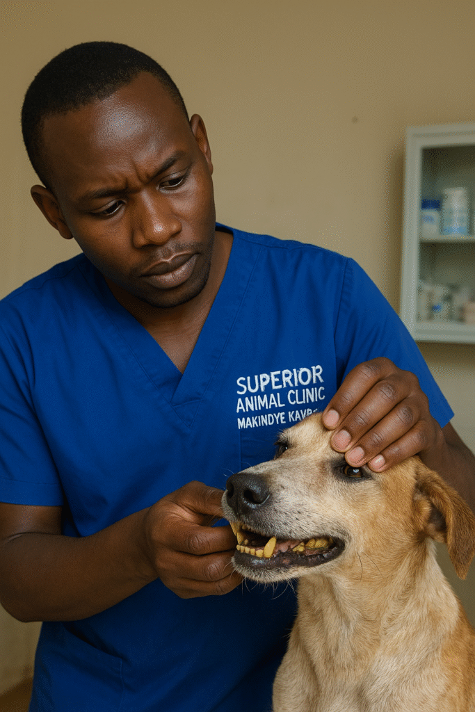 Veterinarian at Superior Animal Clinic examining a dog with yellow gums showing signs of leptospirosis