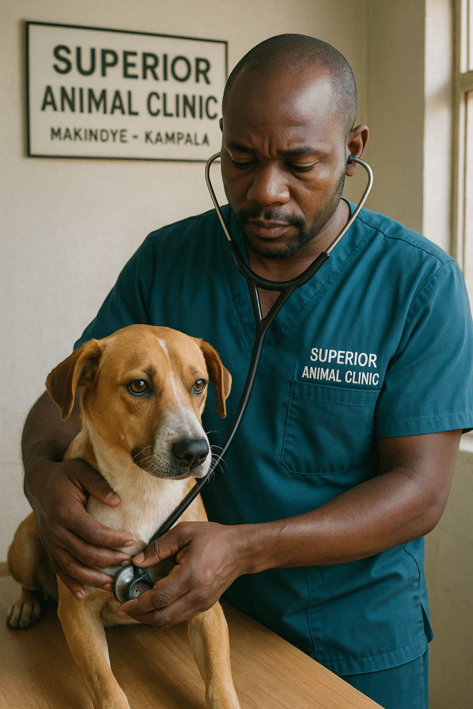Veterinarian diagnosing dog with leptospirosis at Superior Animal Clinic Makindye Kampala Uganda