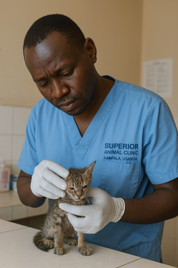 Veterinarian examining a sick kitten with panleukopenia at Superior Animal Clinic Kampala