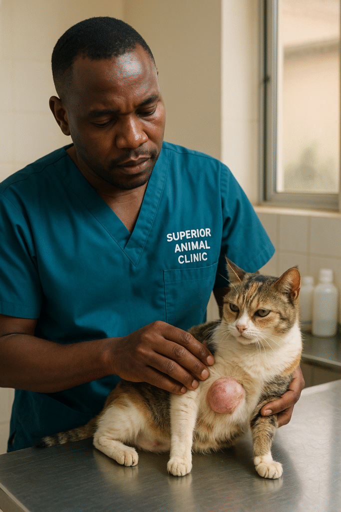 Veterinarian examining cat with cancer at Superior Animal Clinic Makindye Kampala Uganda