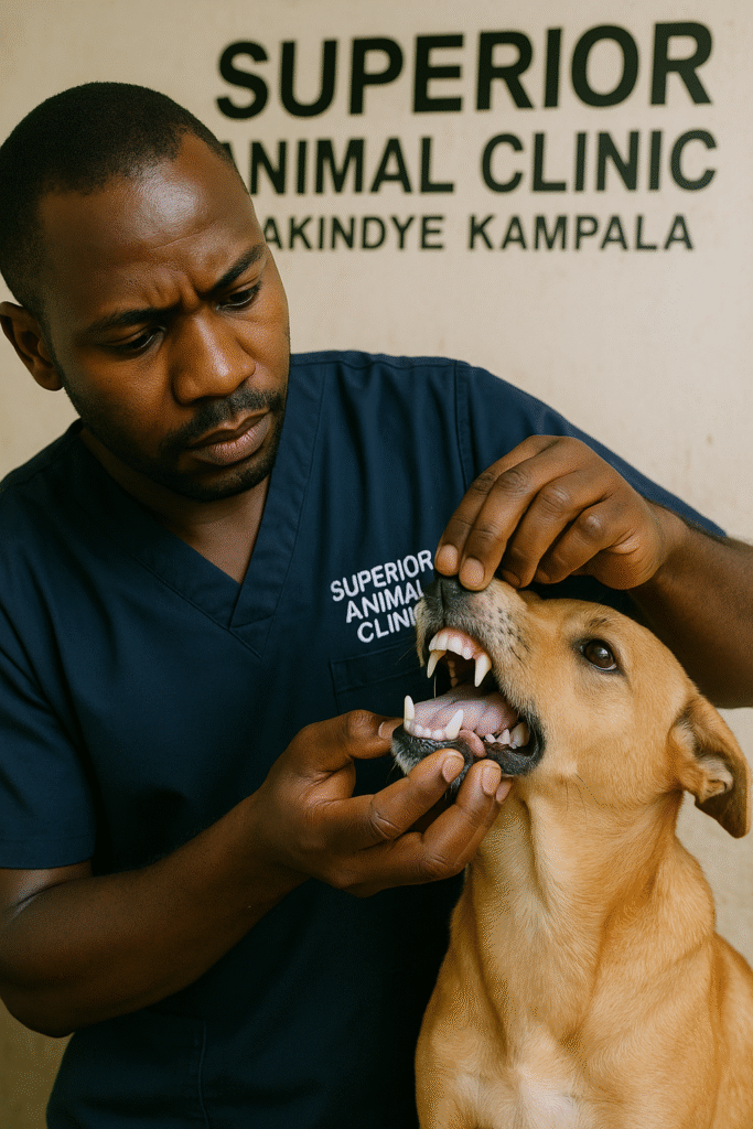 Veterinarian examining dog with pale gums at Superior Animal Clinic Makindye Kampala Uganda