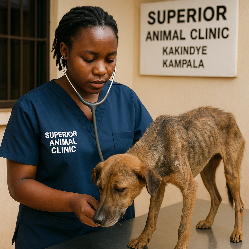 Veterinarian treating dog with dull coat at Superior Animal Clinic Makindye Kampala Uganda