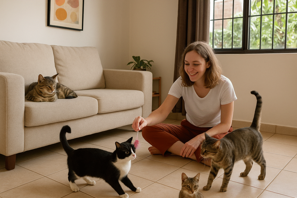 White woman playing with three cats in a bright pet-friendly apartment in Bukoto, Kampala.