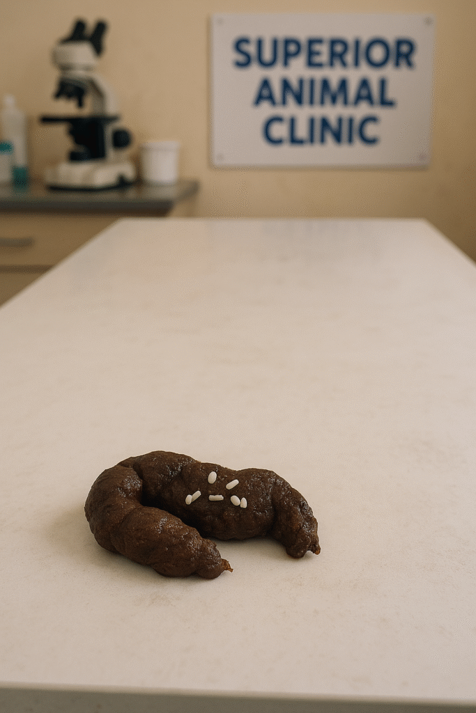 dog stool with visible tapeworm proglottids on an examination table at Superior Animal Clinic in Kampala, Uganda