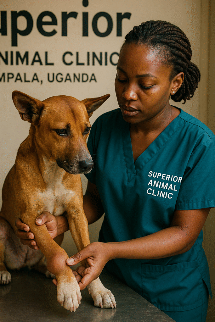 female veterinarian at Superior Animal Clinic in Kampala, Uganda examining a local mixed-breed dog with a swollen foreleg joint
