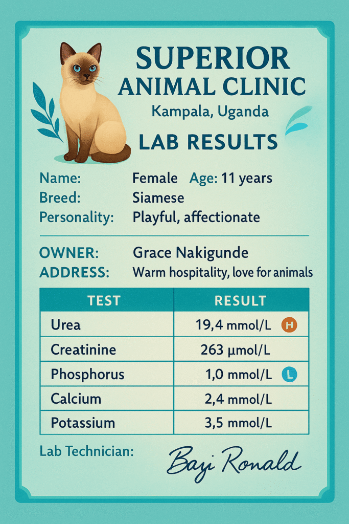 lab results form from Superior Animal Clinic Kampala for an 11-year-old female Siamese cat owned by Grace Nakigunde from Buziga, showing kidney disease results