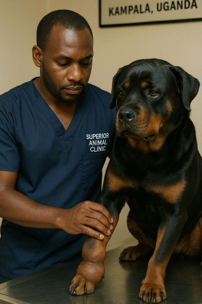 male veterinarian at Superior Animal Clinic in Kampala, Uganda examining a Rottweiler with a swollen foreleg joint on an exam table