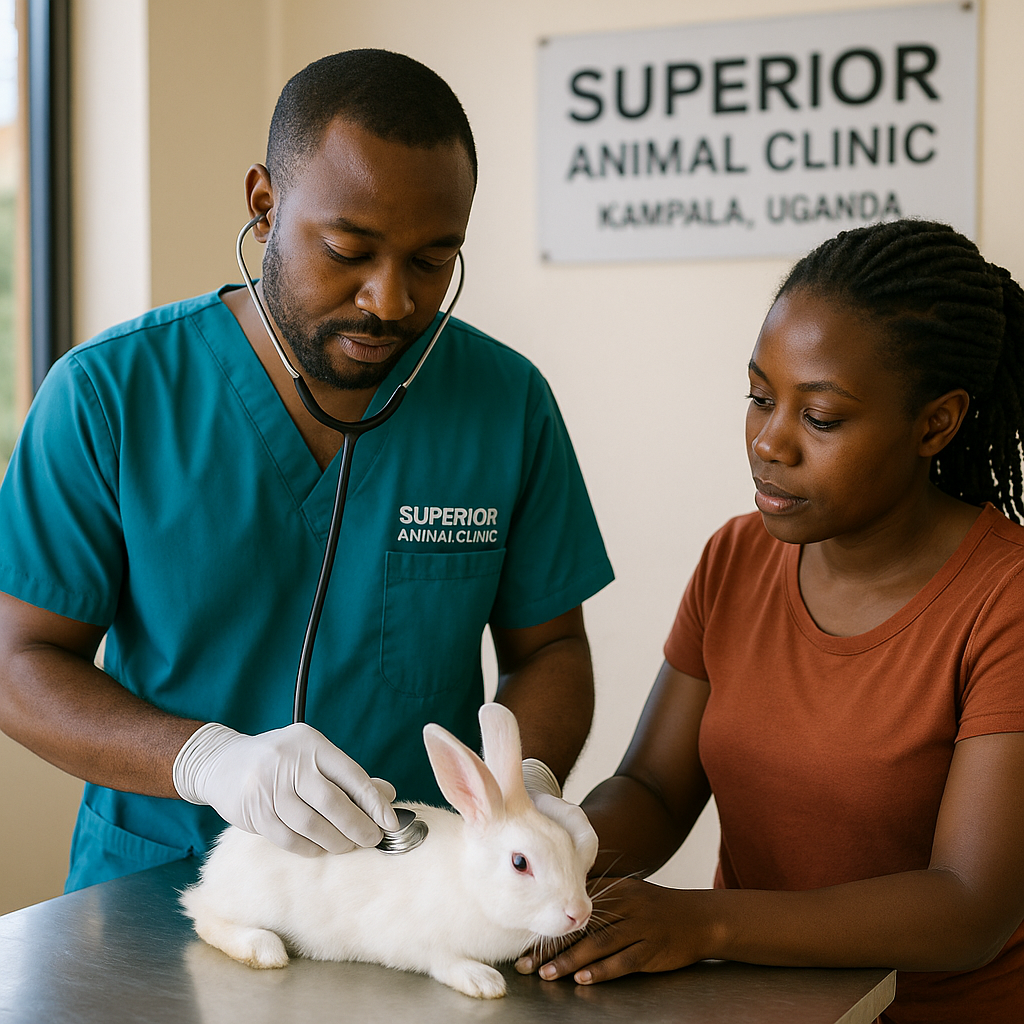 vet in Kampala Uganda examining a rabbit for spaying at Superior Animal Clinic