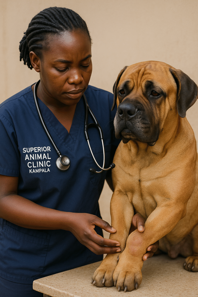 veterinarian at Superior Animal Clinic in Kampala, Uganda examining a Boerboel dog with a swollen foreleg joint
