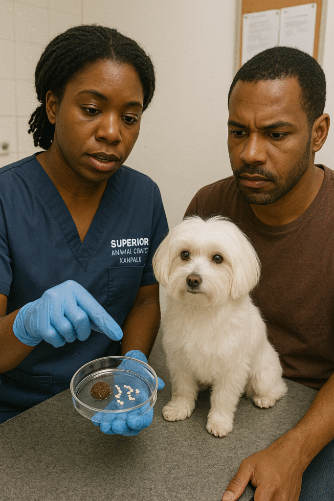 veterinarian at Superior Animal Clinic in Kampala, Uganda, showing a male dog owner tapeworm segments in a petri dish while a Maltese dog