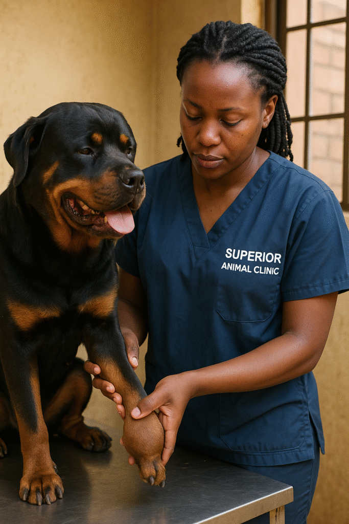 veterinarian at Superior Animal Clinic in Kampala examining a Rottweiler dog with a swollen foreleg joint