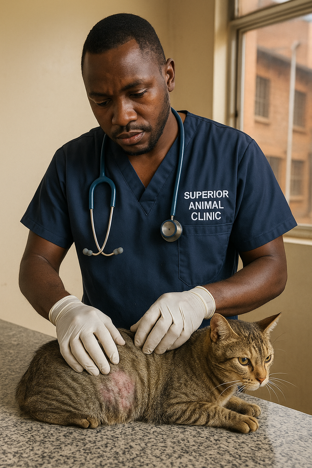 veterinarian at Superior Animal Clinic in Makindye, Kampala examining a tabby cat with skin allergy
