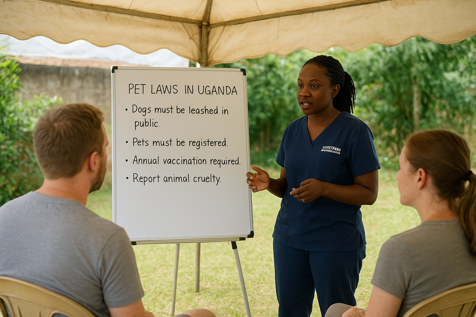 A female vet from Superior Animal Clinic explaining pet laws in Uganda to expats
