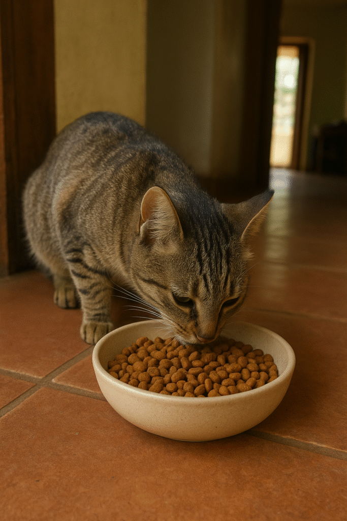A tabby cat eating dry kibble from a bowl on a tiled floor in a Kampala home