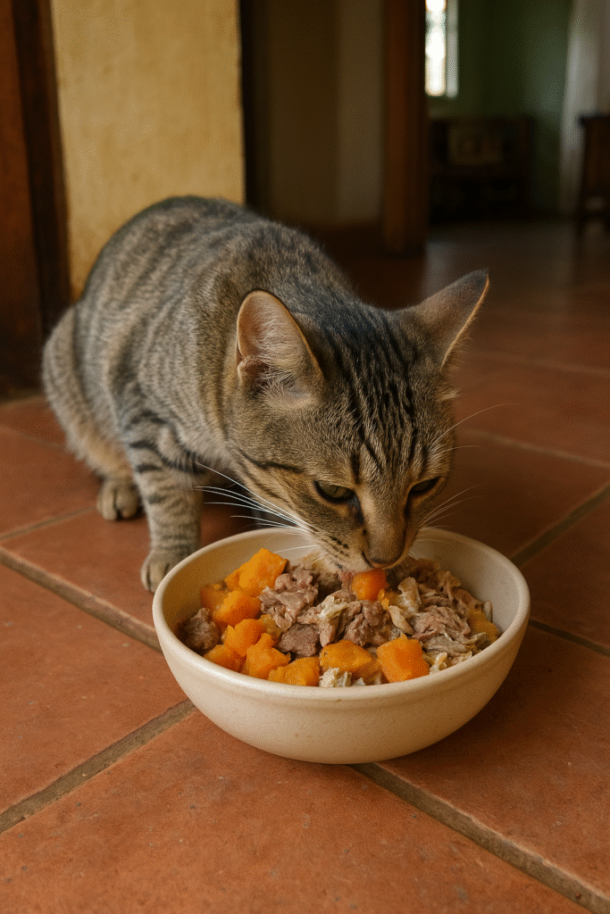 A tabby cat eating homemade food with fish, meat, and pumpkin from a bowl on a tiled floor in a Kampala home