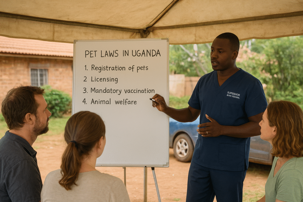 A vet from Superior Animal Clinic explaining pet laws in Uganda to expats