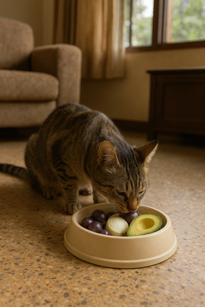 Cat eating onions, grapes, and avocado from a bowl in a Kampala home.