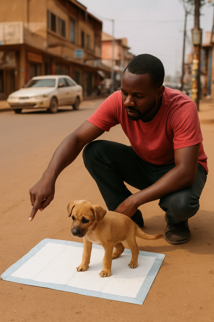 Dog owner in Kampala teaching puppy where to pee using pee pad