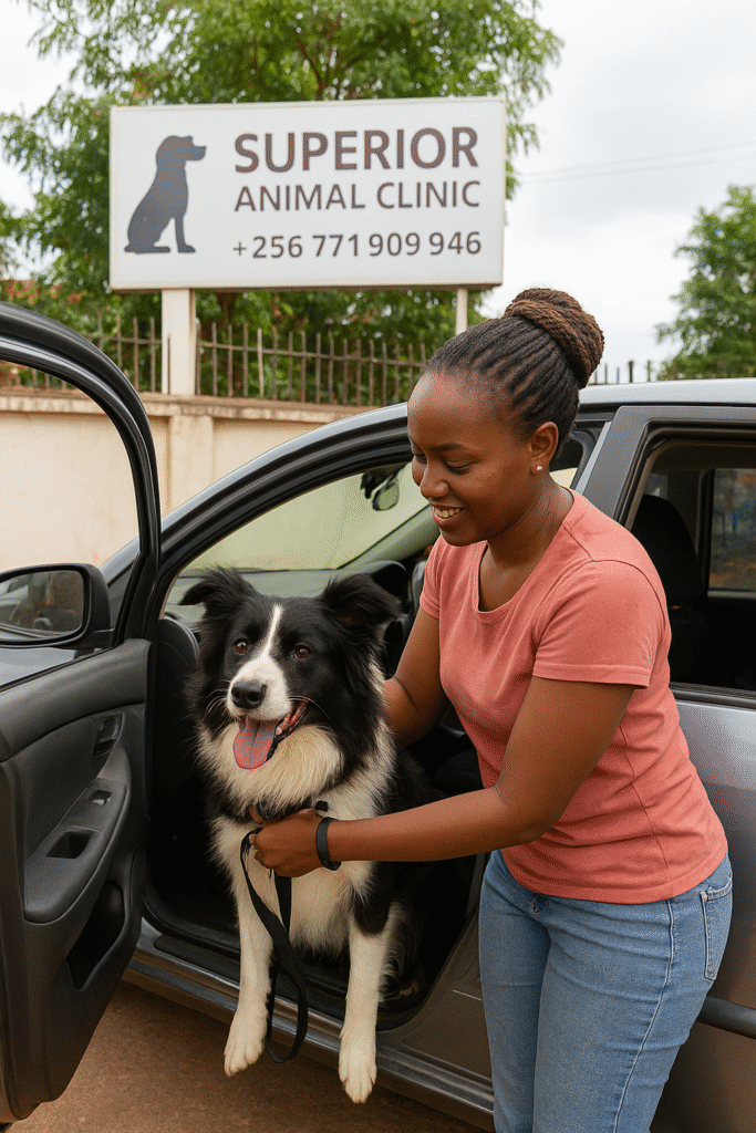 Dog owner in Uganda helping her dog out of a car for vet visit at Superior Animal Clinic KampalaDog owner in Uganda helping her dog out of a car for vet visit at Superior Animal Clinic Kampala