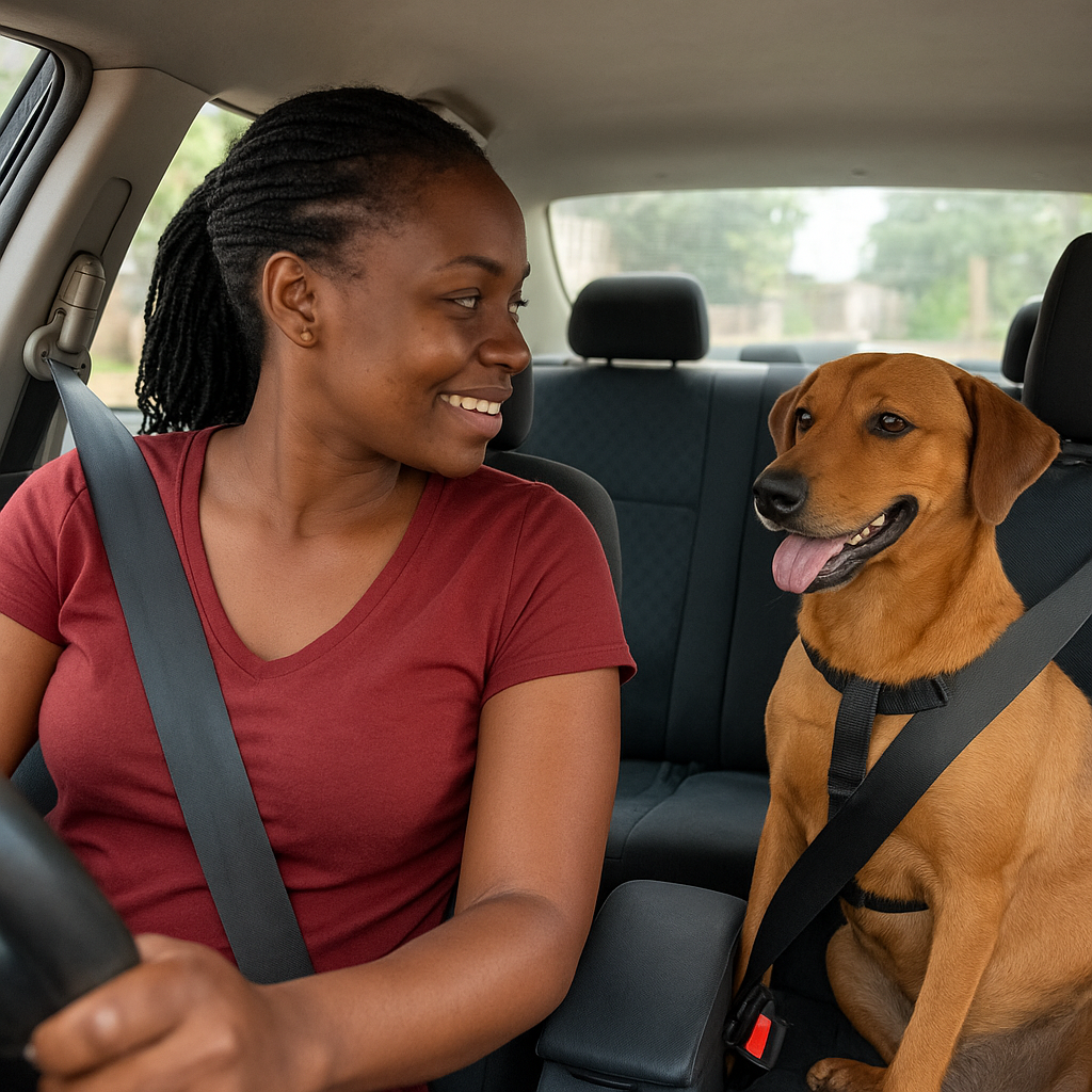 Dog traveling in back seat to Superior Animal Clinic Makindye for a vet visit in Kampala Uganda.
