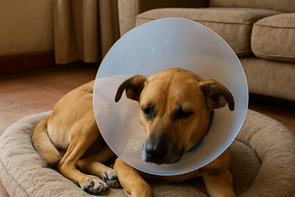 Dog wearing an Elizabethan collar resting on a dog bed in a Kampala home.