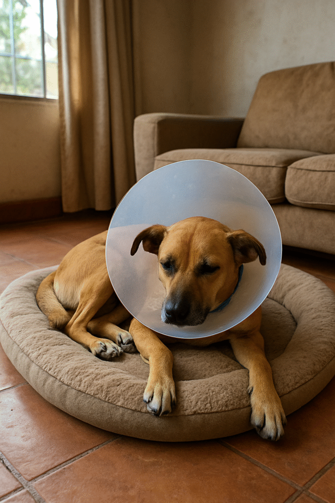 Dog wearing an Elizabethan collar resting on a dog bed in a Kampala home.