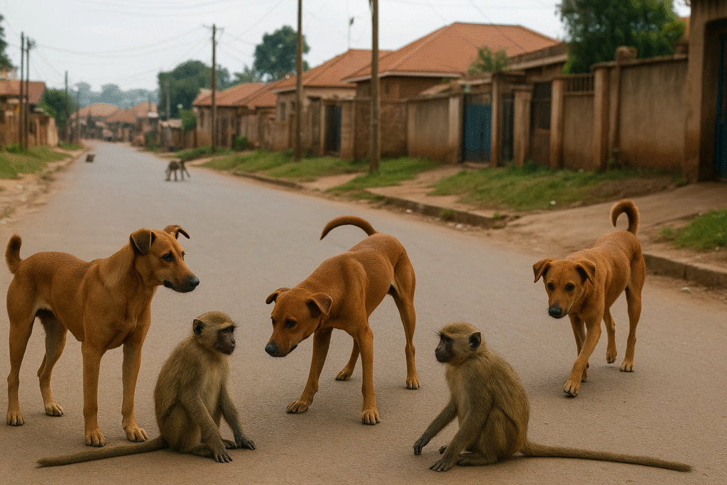 Free-roaming dogs interacting with monkeys on a residential street in Kampala, Uganda