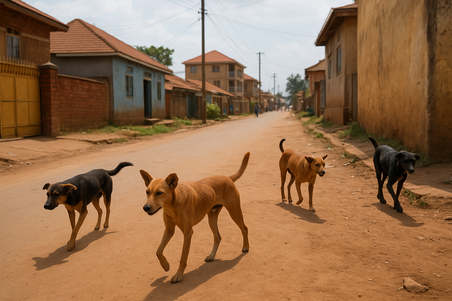 Free-roaming dogs walking on the streets of Kampala, Uganda near residential areas like Makindye and Nsambya