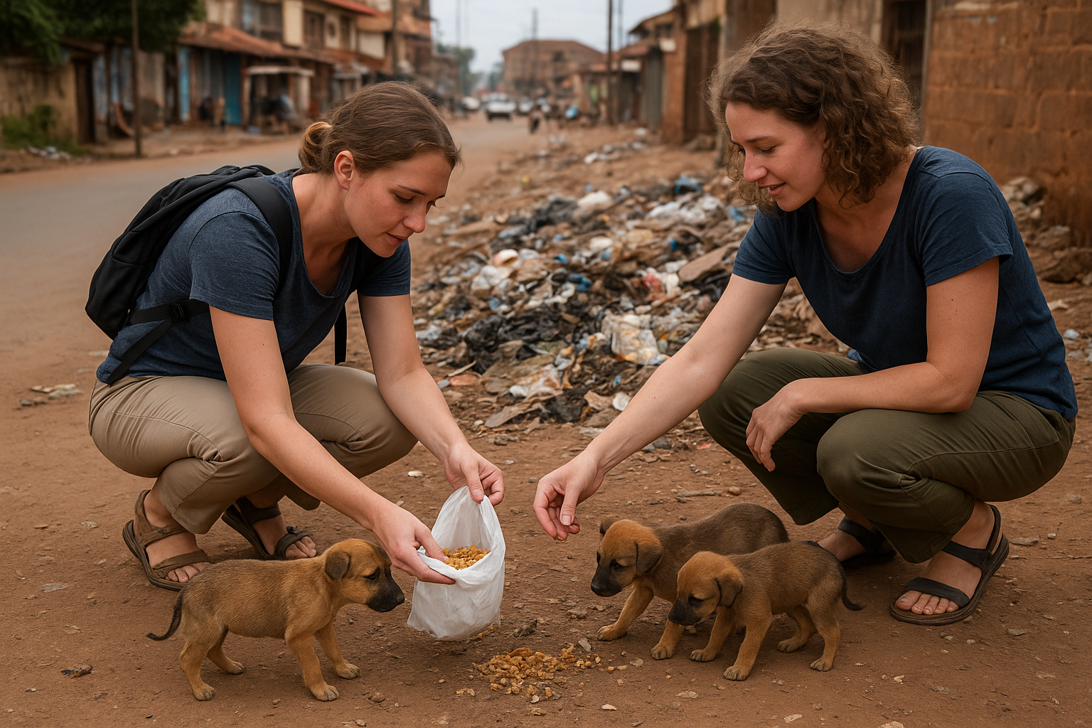 Two female expats feeding stray dogs and puppies beside a rubbish pit on a street in Kampala, Uganda