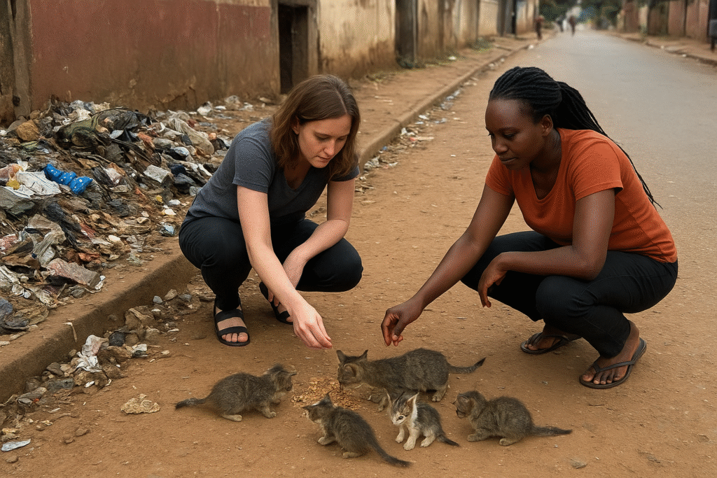 Two women feeding stray cats and kittens beside a rubbish pit on a Kampala street.