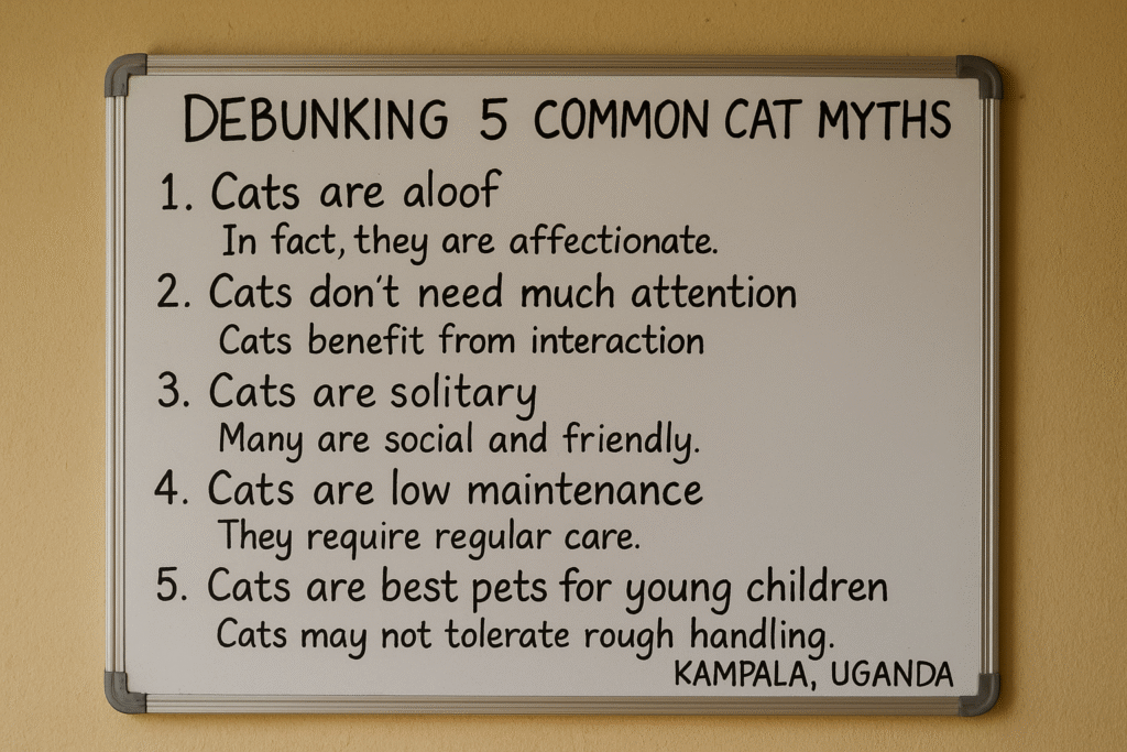 Whiteboard in Kampala debunking 5 common cat myths with clear explanations