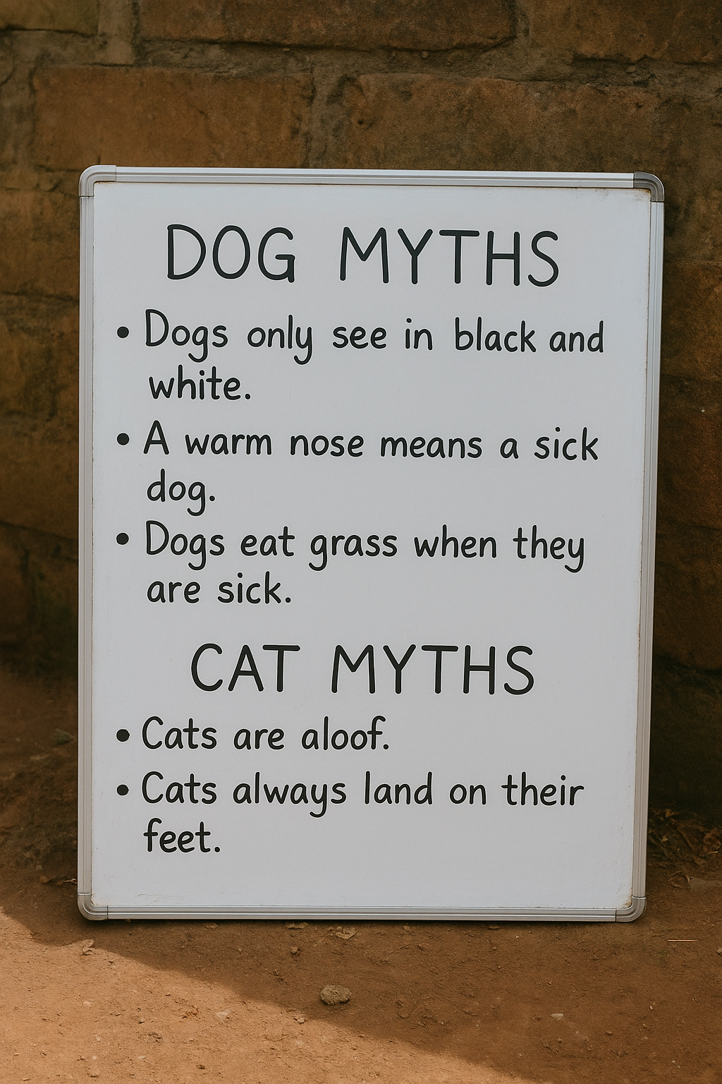 Whiteboard showing common dog and cat myths in Kampala, Uganda