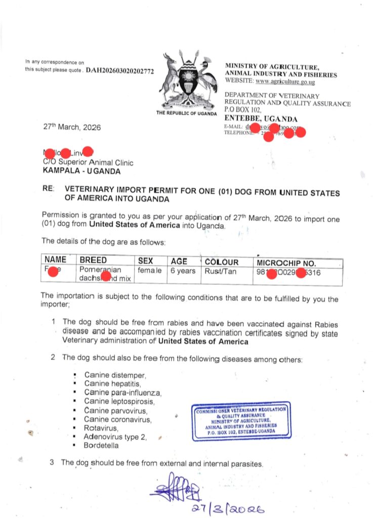 Dog import to from Uganda from United States of America USA