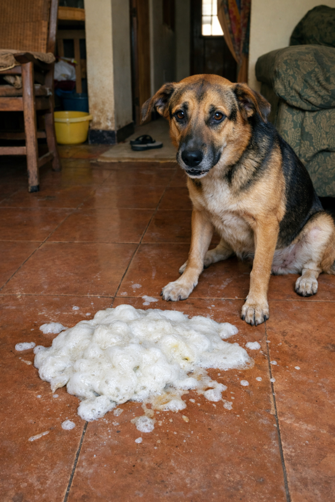 Dog vomiting white foam due to stomach irritation in Kampala, Uganda