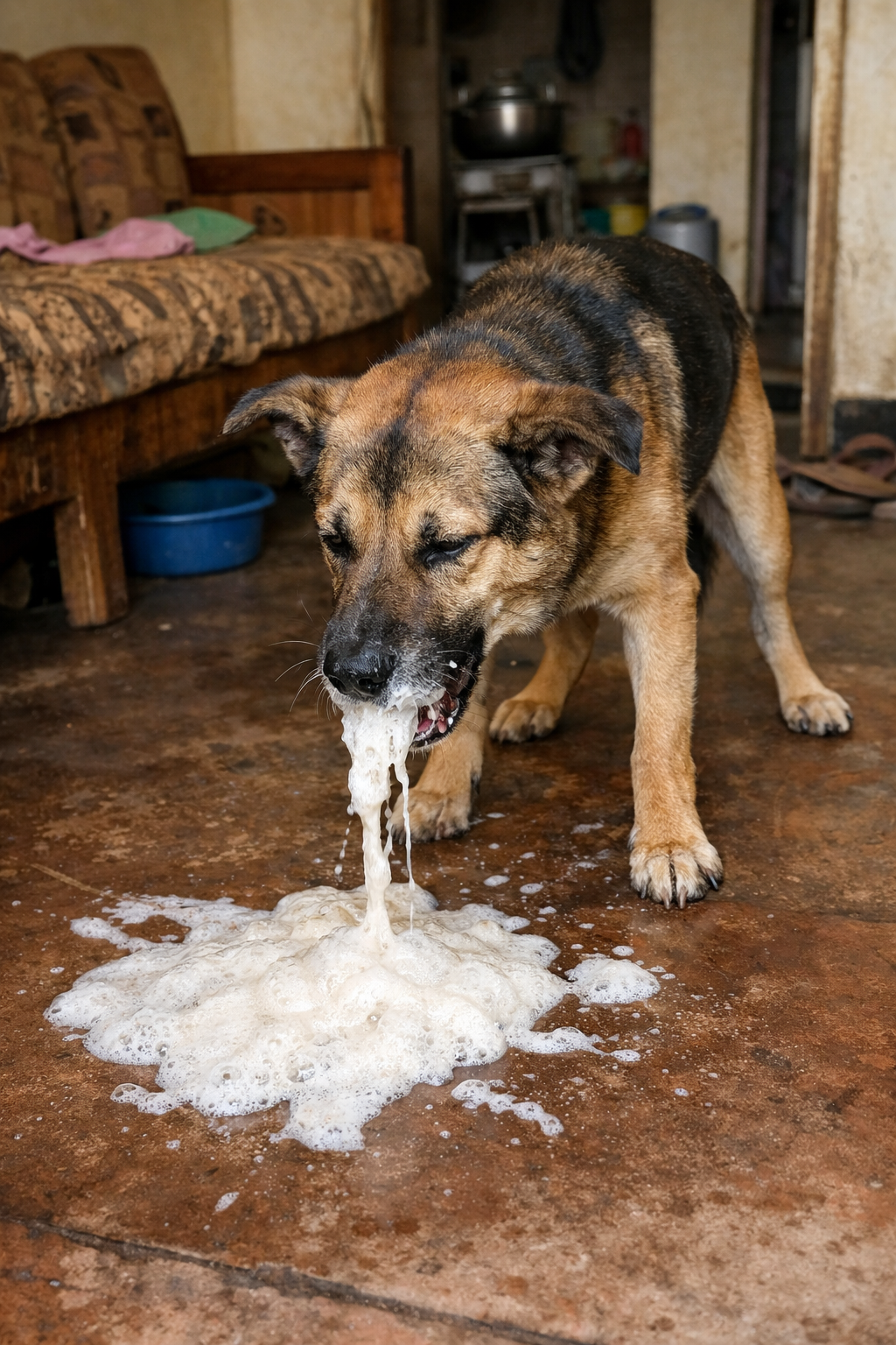 Dog vomiting white foam inside a home in Kampala, Uganda, veterinary emergency sign