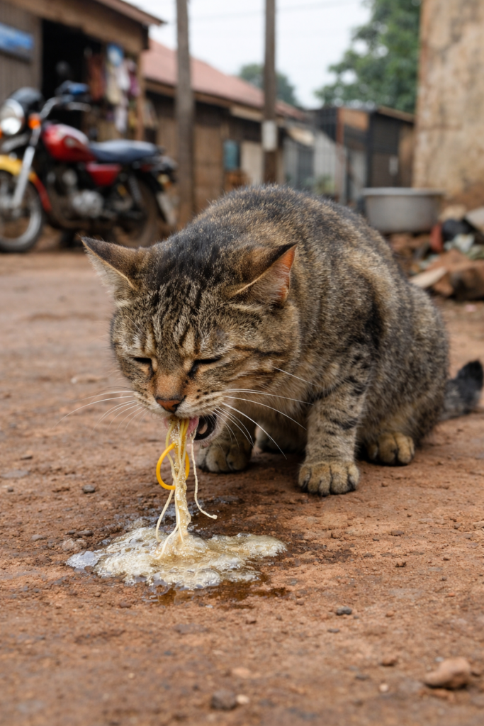 Tabby cat vomiting a rubber band and thread on a dusty street in Kampala, Uganda