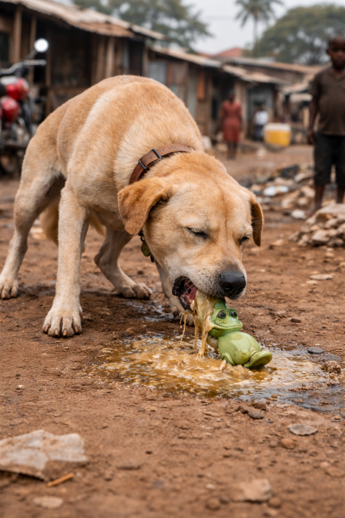 Tan dog vomiting a toy on a street in Kampala, Uganda at Superior Animal Clinic