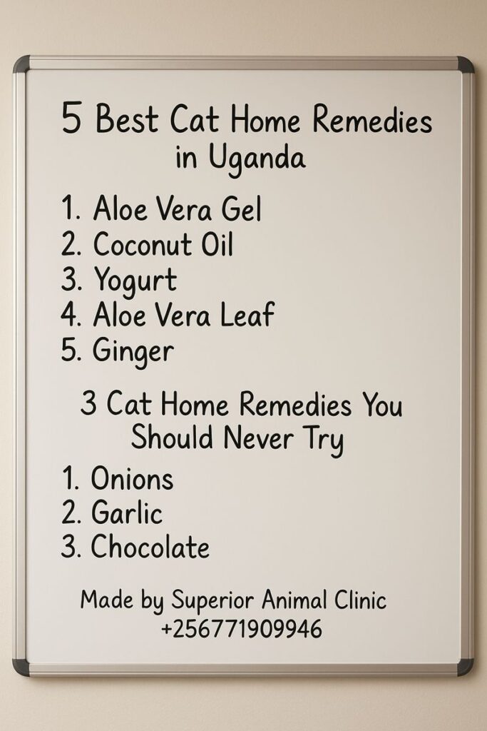 Whiteboard showing safe and unsafe cat home remedies in Uganda, by Superior Animal Clinic Kampala