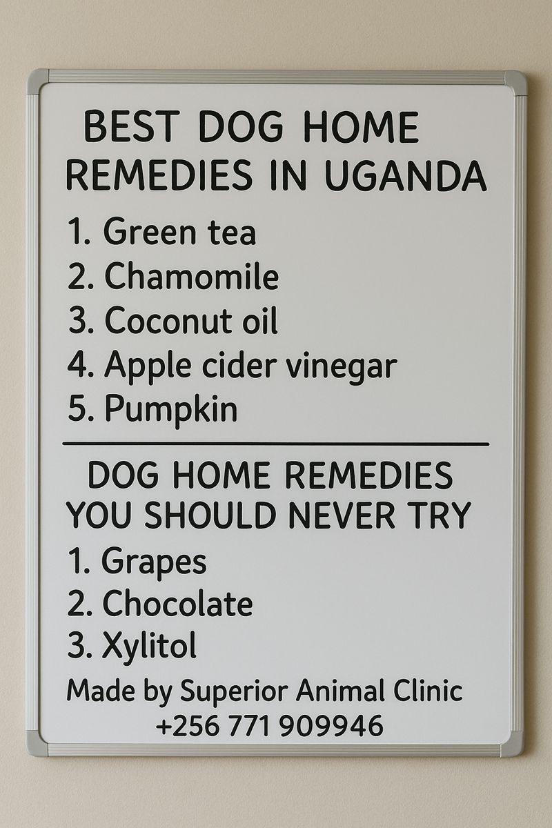 Whiteboard showing safe and unsafe dog home remedies in Uganda by Superior Animal Clinic