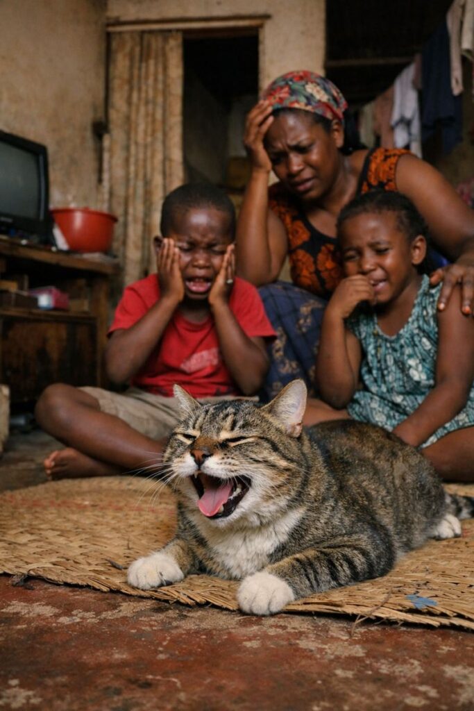 Cat breathing with mouth open at home in Kampala Uganda with worried owner and crying children