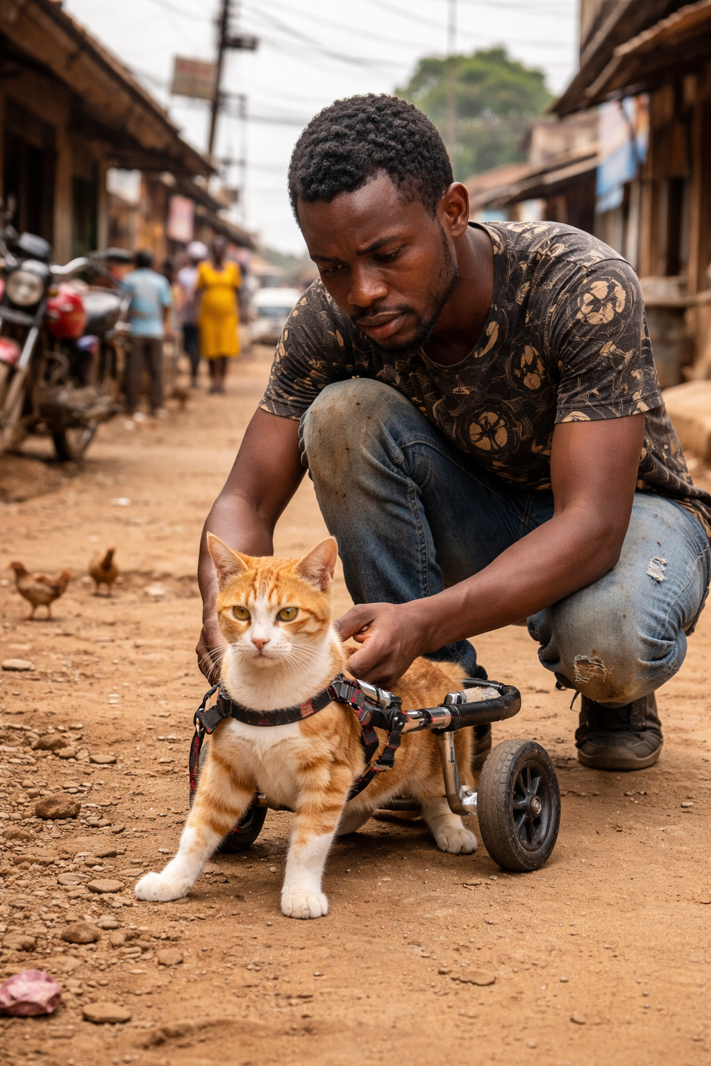 Cat with paralyzed hind legs in Kampala, Uganda on cat wheelchair
