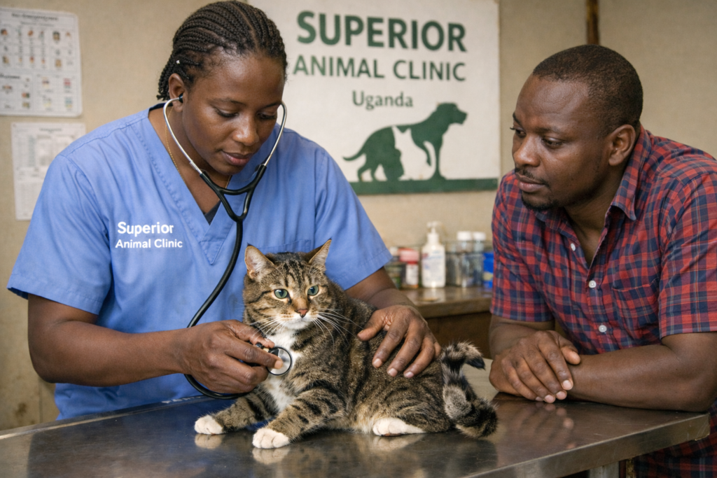 Female vet examining a tabby cat with bent tail at Superior Animal Clinic, Uganda