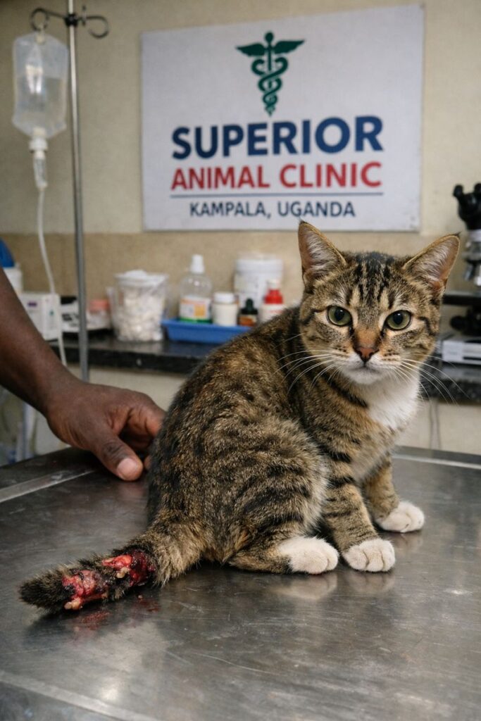 Injured cat with tail wound receiving treatment at Superior Animal Clinic in Kampala, Uganda